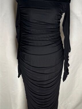 Black Ruched Off Shoulder Midi Dress Sheer Sleeve Sleeve Bodycon Elegant Party